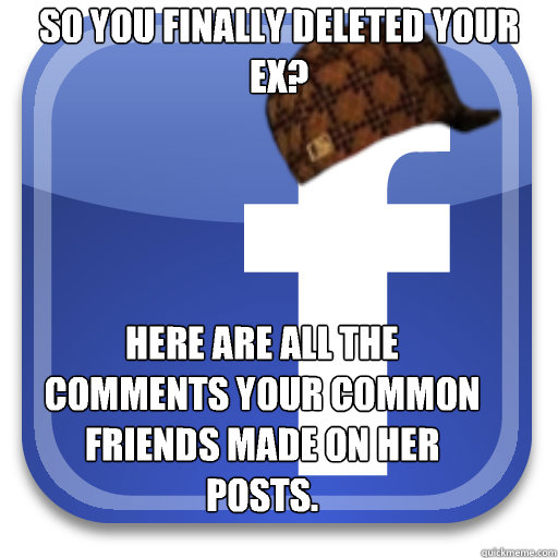 So you finally deleted your ex?  Here are all the comments your common friends made on her posts.  - So you finally deleted your ex?  Here are all the comments your common friends made on her posts.   Scumbag Facebook