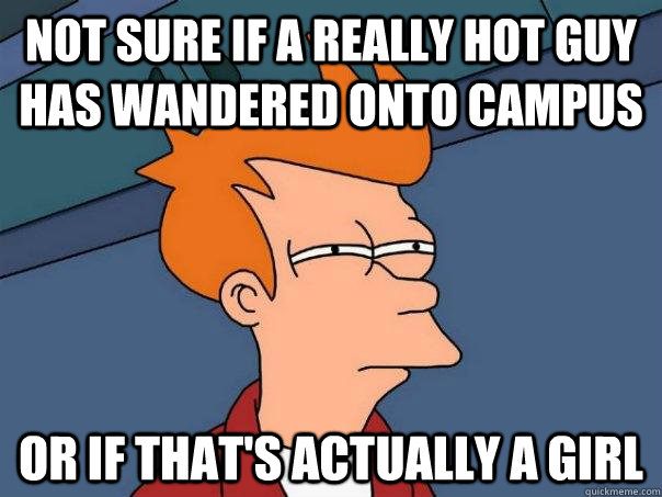 Not sure if a really hot guy has wandered onto campus Or If that's actually a girl  Futurama Fry