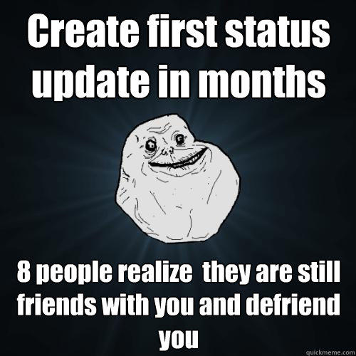 Create first status update in months 8 people realize  they are still friends with you and defriend you  Forever Alone