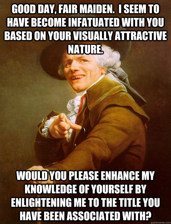 Good day, fair maiden.  I seem to have become infatuated with you based on your visually attractive nature. Would you please enhance my knowledge of yourself by enlightening me to the title you have been associated with?  Joseph Ducreux