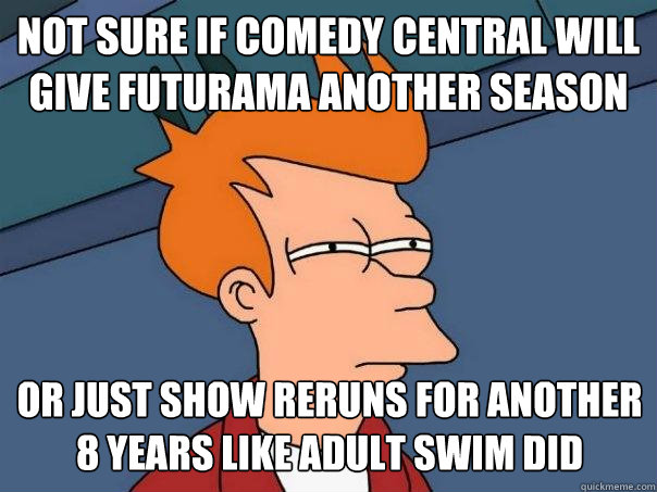 Not sure if comedy central will give futurama another season or just show reruns for another 8 years like adult swim did  Futurama Fry