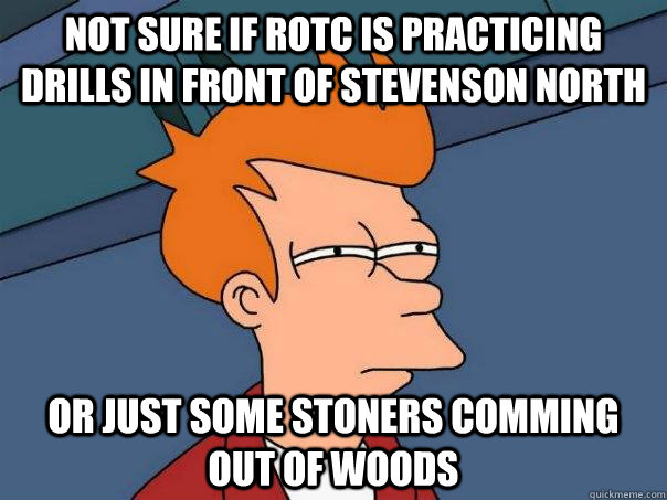 Not sure if ROTC is practicing drills in front of stevenson north Or just some stoners comming out of woods  Futurama Fry