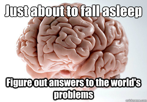 Just about to fall asleep
 Figure out answers to the world's problems  - Just about to fall asleep
 Figure out answers to the world's problems   Scumbag Brain