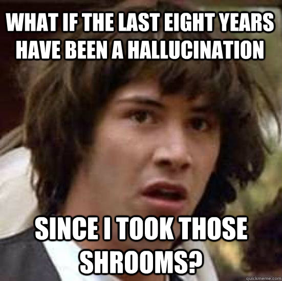 What if the last eight years have been a hallucination since I took those shrooms?  conspiracy keanu