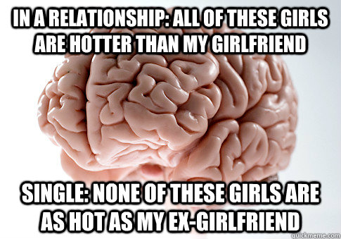 In a relationship: All of these girls are hotter than my girlfriend Single: None of these girls are as hot as my ex-girlfriend  Scumbag Brain