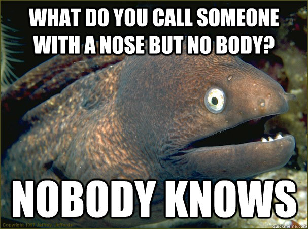 What do you call someone with a nose but no body? Nobody Knows  Bad Joke Eel