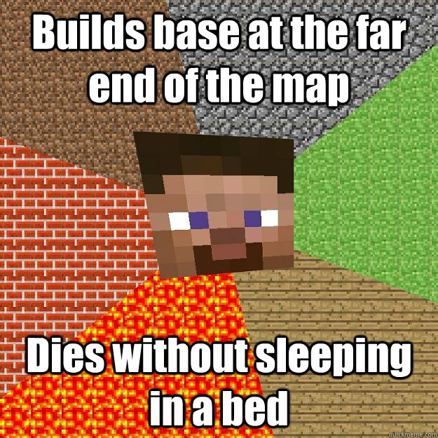 Builds base at the far end of the map Dies without sleeping in a bed  Minecraft