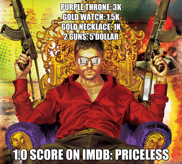 purple throne: 3k
gold watch: 1,5k
gold necklace: 1k
2 guns: 5 dollar 1.0 score on imdb: priceless  priceless