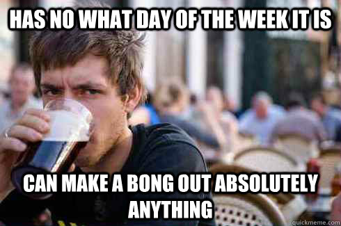 Has no what day of the week it is Can make a bong out absolutely anything  Lazy College Senior