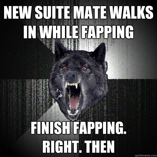 New suite mate walks in while fapping Finish fapping.
Right. Then  Insanity Wolf