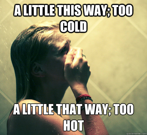 A little this way; too cold a little that way; too hot  Shower Mistake