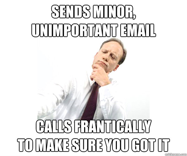 sends minor,
unimportant email Calls frantically
to make sure you got it  