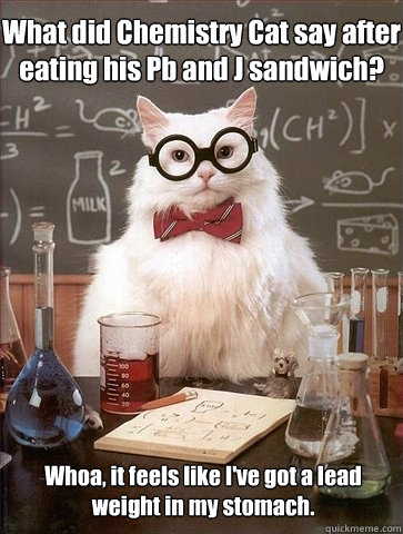 What did Chemistry Cat say after eating his Pb and J sandwich? Whoa, it feels like I've got a lead weight in my stomach.  Chemistry Cat