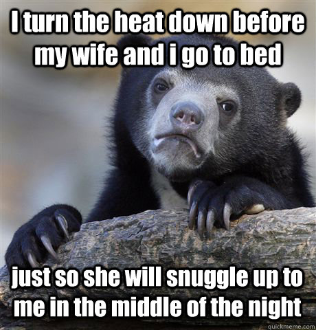 I turn the heat down before my wife and i go to bed just so she will snuggle up to me in the middle of the night  Confession Bear