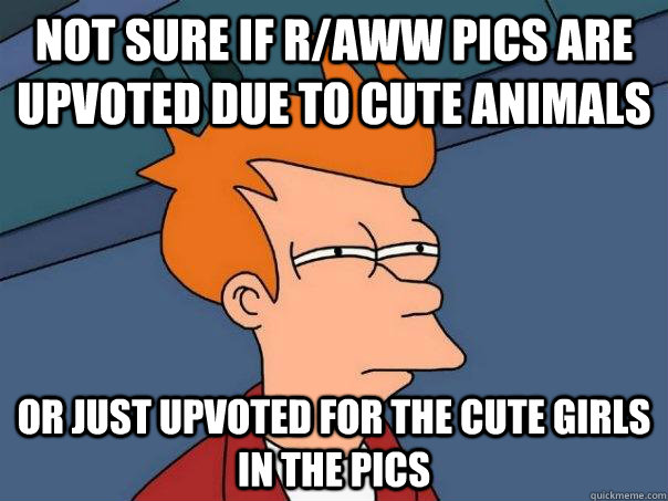 Not sure if r/aww pics are upvoted due to cute animals or just upvoted for the cute girls in the pics  Futurama Fry