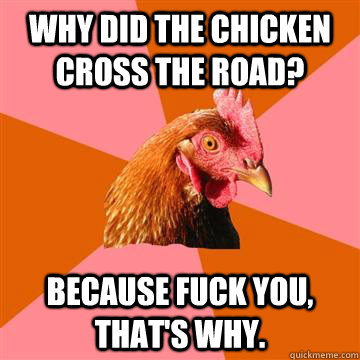 Why did the chicken cross the road? BECAUSE FUCK YOU, THAT'S WHY. - Why did the chicken cross the road? BECAUSE FUCK YOU, THAT'S WHY.  Anti-Joke Chicken