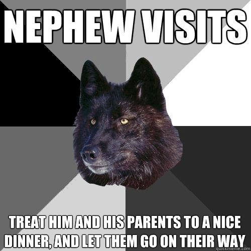 Nephew visits treat him and his parents to a nice dinner, and let them go on their way  Sanity Wolf