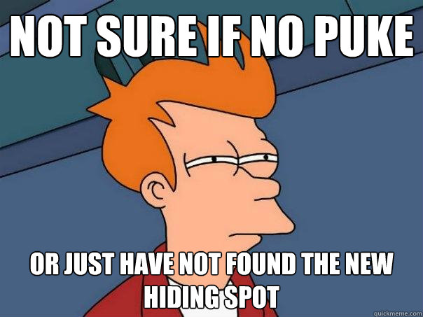 Not sure if no puke or just have not found the new Hiding spot  Futurama Fry