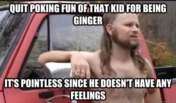 Quit poking fun of that kid for being ginger It's pointless since he doesn't have any feelings  Almost Politically Correct Redneck