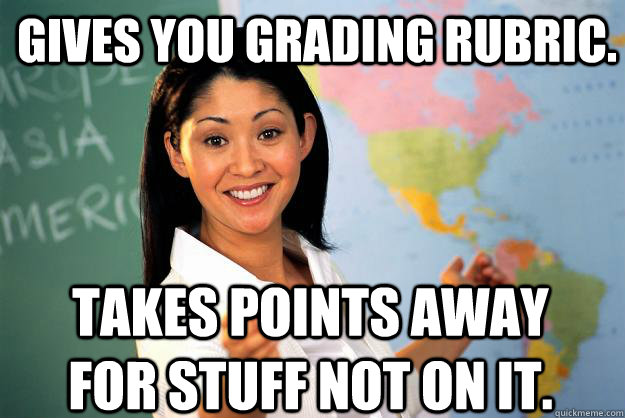 Gives you Grading Rubric. Takes points away for stuff not on it. - Gives you Grading Rubric. Takes points away for stuff not on it.  Unhelpful High School Teacher