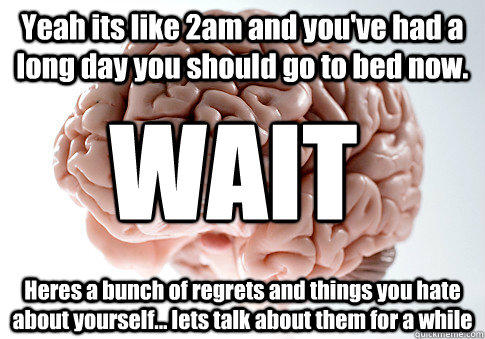 Yeah its like 2am and you've had a long day you should go to bed now. Heres a bunch of regrets and things you hate about yourself... lets talk about them for a while WAIT - Yeah its like 2am and you've had a long day you should go to bed now. Heres a bunch of regrets and things you hate about yourself... lets talk about them for a while WAIT  Scumbag Brain