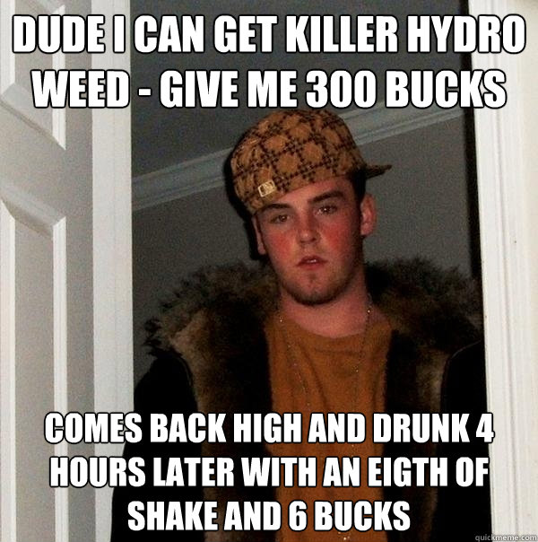 Dude I can get killer hydro weed - give me 300 bucks comes back high and drunk 4 hours later with an eigth of shake and 6 bucks  Scumbag Steve