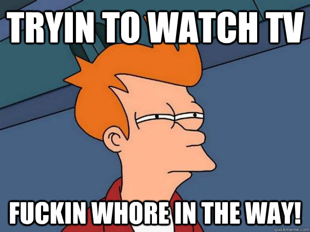 tryin to watch tv fuckin whore in the way!  Futurama Fry