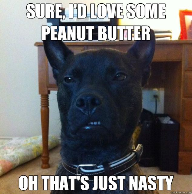 SURE, I'D LOVE SOME PEANUT BUTTER OH THAT'S JUST NASTY - SURE, I'D LOVE SOME PEANUT BUTTER OH THAT'S JUST NASTY  Disgusted Dog