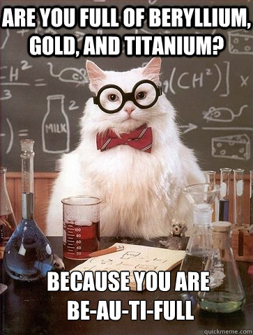 ARE YOU FULL OF BERYLLIUM, GOLD, AND TITANIUM? BECAUSE YOU ARE
 BE-AU-TI-FULL  Chemistry Cat