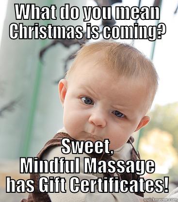 Christmas is here! - WHAT DO YOU MEAN CHRISTMAS IS COMING? SWEET, MINDFUL MASSAGE HAS GIFT CERTIFICATES! skeptical baby