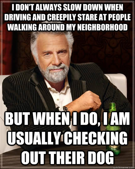 I don't always slow down when driving and creepily stare at people walking around my neighborhood but when I do, I am usually checking out their dog  The Most Interesting Man In The World