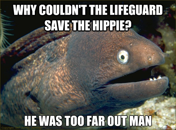 Why couldn't the lifeguard save the hippie? He was too far out man - Why couldn't the lifeguard save the hippie? He was too far out man  Bad Joke Eel