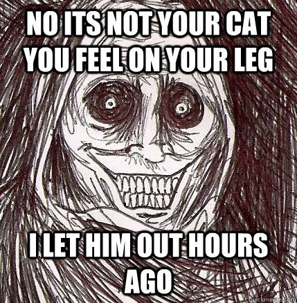 no its not your cat you feel on your leg i let him out hours ago - no its not your cat you feel on your leg i let him out hours ago  Horrifying Houseguest