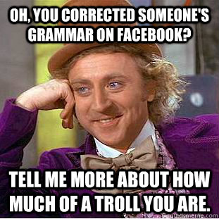 Oh, you corrected someone's grammar on Facebook? Tell me more about how much of a troll you are.  - Oh, you corrected someone's grammar on Facebook? Tell me more about how much of a troll you are.   Condescending Wonka