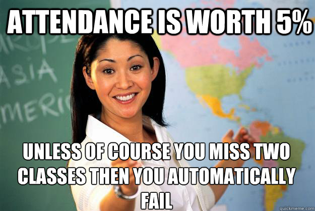 attendance is worth 5% unless of course you miss two classes then you automatically fail  Unhelpful High School Teacher