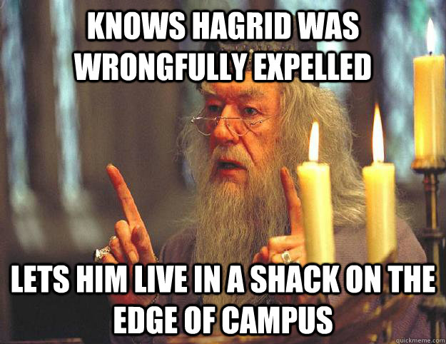 Knows Hagrid was wrongfully expelled Lets him live in a shack on the edge of campus  Scumbag Dumbledore