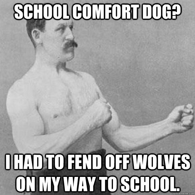 School comfort dog? I had to fend off wolves on my way to school.  overly manly man