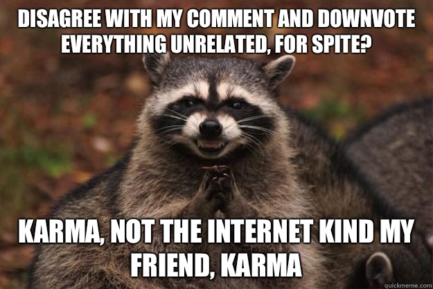 Disagree with my comment and downvote everything unrelated, for spite? Karma, not the Internet kind my friend, Karma - Disagree with my comment and downvote everything unrelated, for spite? Karma, not the Internet kind my friend, Karma  Evil Plotting Raccoon