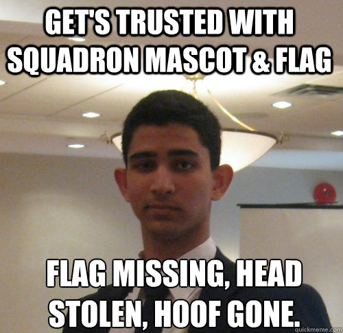 Get's trusted with squadron mascot & flag Flag missing, head stolen, hoof gone.
  Scumbag Jacob