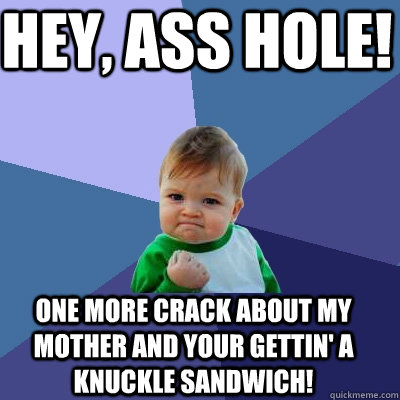 Hey, ass hole! One more crack about my mother and your gettin' a knuckle sandwich!  Success Kid