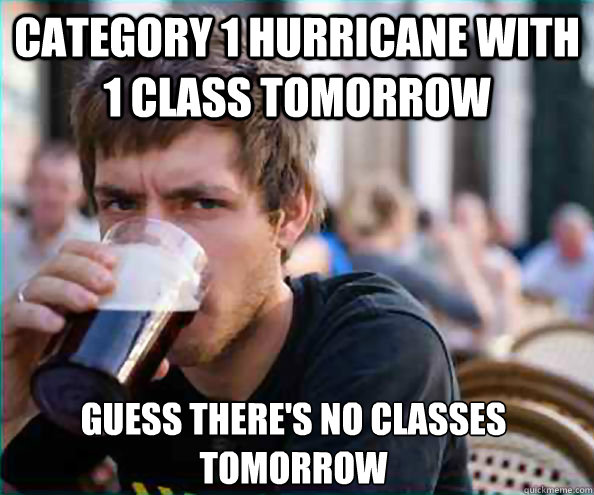 Category 1 Hurricane with 1 class tomorrow guess there's no classes tomorrow  Lazy College Senior