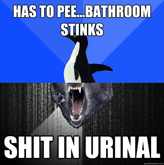 has to pee...bathroom stinks shit in urinal  Socially Awkward Insanity Wolf