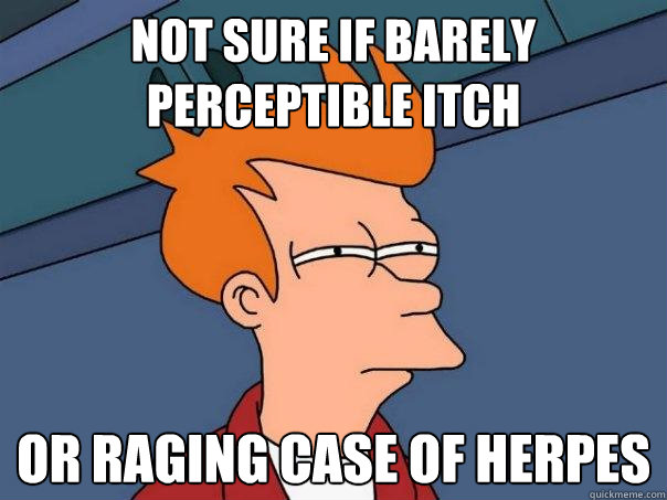 not sure if barely perceptible itch or raging case of herpes - not sure if barely perceptible itch or raging case of herpes  Futurama Fry