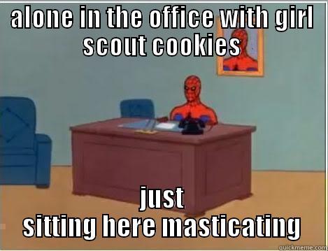 ALONE IN THE OFFICE WITH GIRL SCOUT COOKIES JUST SITTING HERE MASTICATING Spiderman Desk