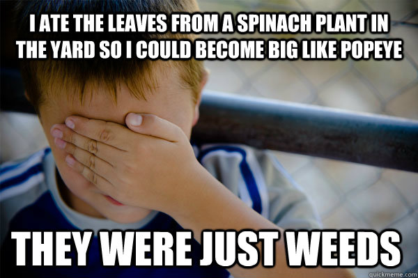 i ate the leaves from a spinach plant in the yard so i could become big like Popeye they were just weeds  Confession kid