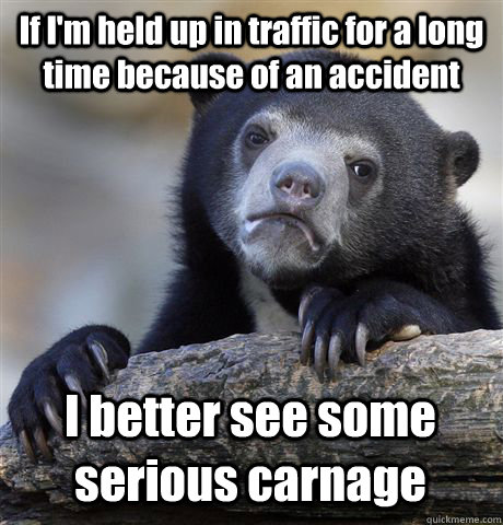 If I'm held up in traffic for a long time because of an accident I better see some serious carnage  Confession Bear