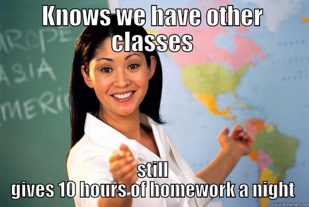 KNOWS WE HAVE OTHER CLASSES STILL GIVES 10 HOURS OF HOMEWORK A NIGHT Unhelpful High School Teacher