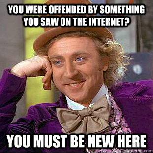 You were offended by something you saw on the internet? You must be new here  Condescending Wonka