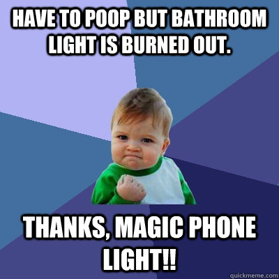 Have to poop but bathroom light is burned out. Thanks, magic phone light!! - Have to poop but bathroom light is burned out. Thanks, magic phone light!!  Success Kid