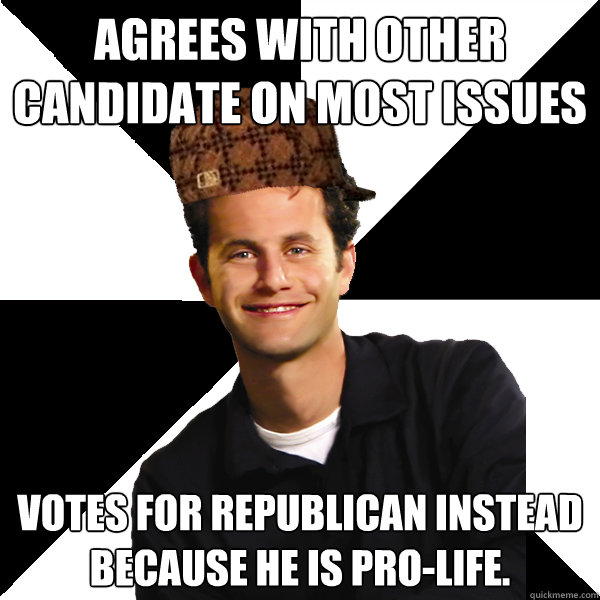 Agrees with other candidate on most issues Votes for republican instead because he is pro-life.  Scumbag Christian